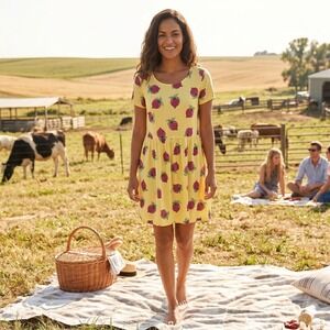 ModCloth Women's Yellow Purple Turnip Print Pockets Babydoll Dress Size M